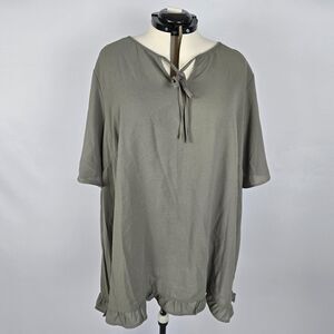 Bloomchic Blouse Women's 5X Green Short Ruffle Sleeve Knot Neck Frill Trim NWT